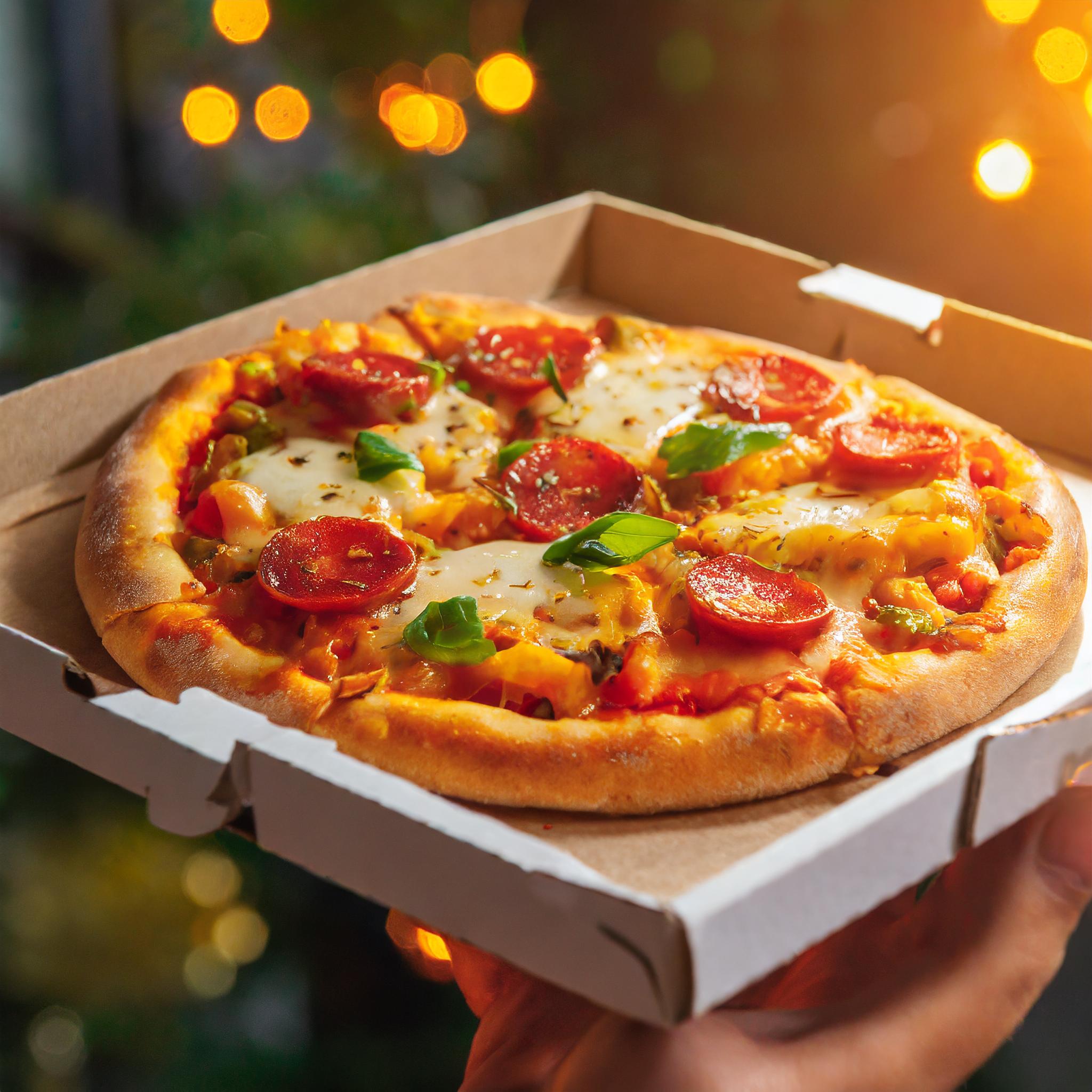 Pizza mit frischen Zutaten, dampfend und verlockend auf einem hölzernen Tisch arrangiert